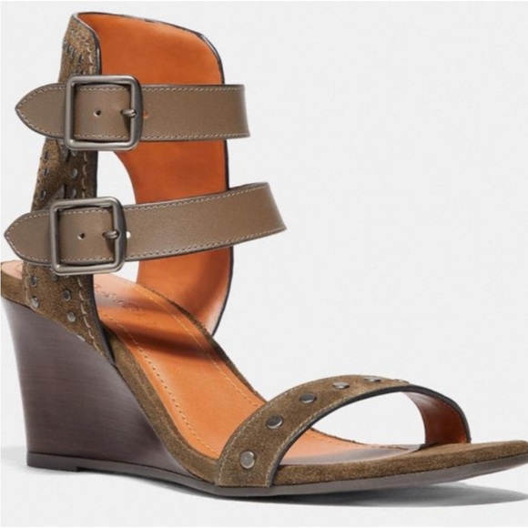 Coach Odessa Strappy Buckle Suede Wedges 9 - Picture 1 of 14